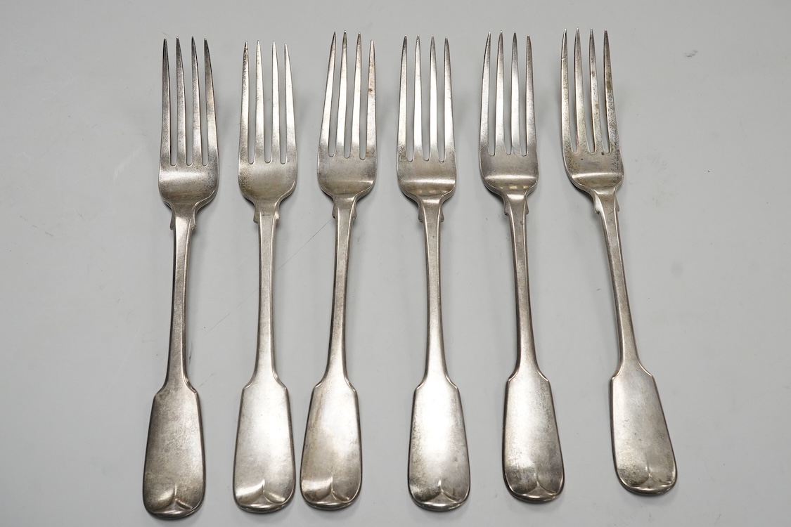 A set of six George IV silver fiddle pattern table forks, by Clement Cheese, London, 1825, 21cm, 13.9oz.